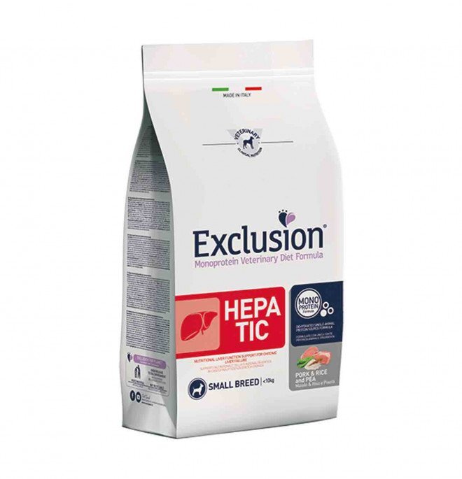 EXCLUSION Cane Hepatic Small Breed Maiale, Riso e Piselli 2Kg