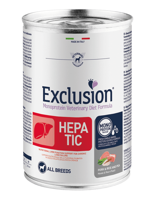 EXCLUSION Hepatic Maiale & Riso con Piselli All Breeds 400gr