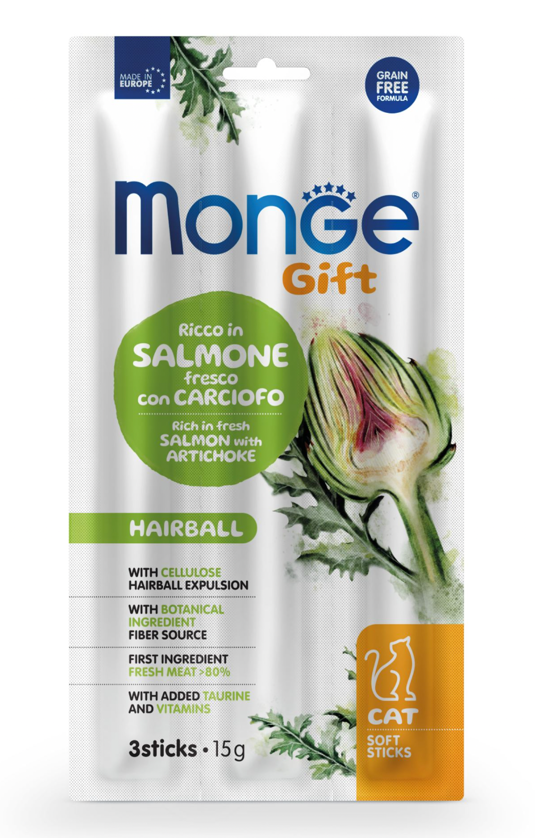 MONGE Cat Gift Stick Hairball con Salmone e Carciofo 3x15Gr