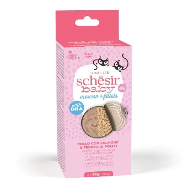SCHESIR Cat Baby Kitten Mousse e Filetti in brodo Pollo e Salmone da 55 gr x 3 in lattina