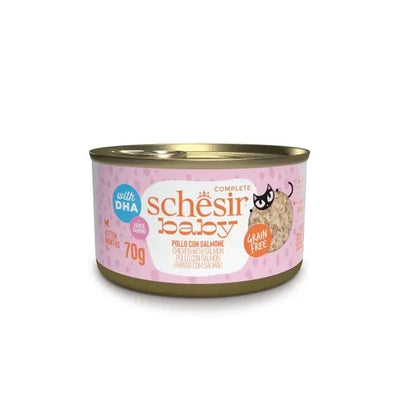 SCHESIR Cat Baby Kitten Filetti in brodo Pollo e Salmone da 70 gr in lattina (X12 PZ)