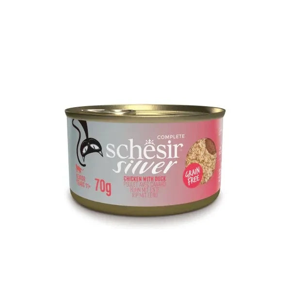 SCHESIR Cat Silver Mousse di Anatra e Filetti di Pollo in brodo da 70 gr in lattina (12pz)
