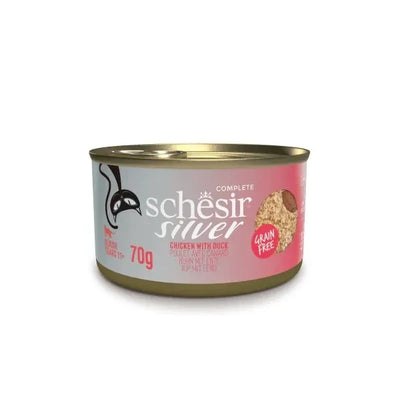 SCHESIR Cat Silver Mousse di Anatra e Filetti di Pollo in brodo da 70 gr in lattina (12pz)