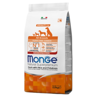 MONGE Cane All Breeds Puppy & Junior Anatra Riso e Patate 2,5Kg