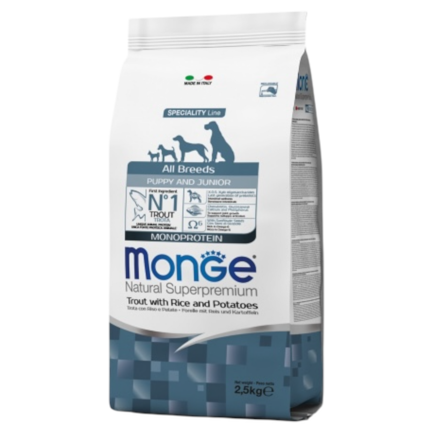 MONGE Cane All Breeds Puppy & Junior Trota Riso e Patate 2,5Kg