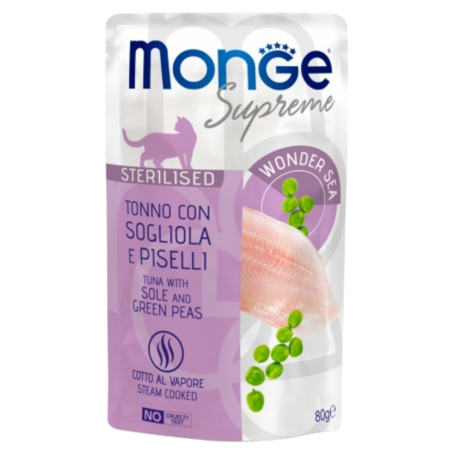 MONGE Gatto Supreme Sterilised Tonno con Sogliola e Piselli 80Gr