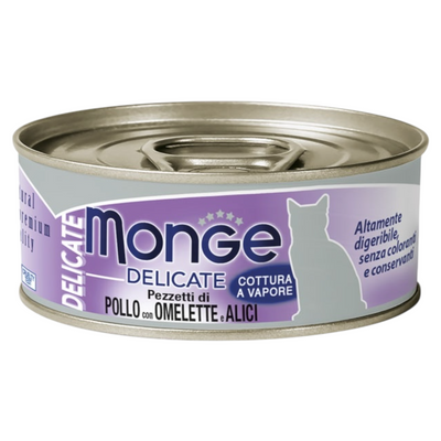 MONGE Gatto Delicate Lattina Pollo con Omelette e Acciughine 80gr