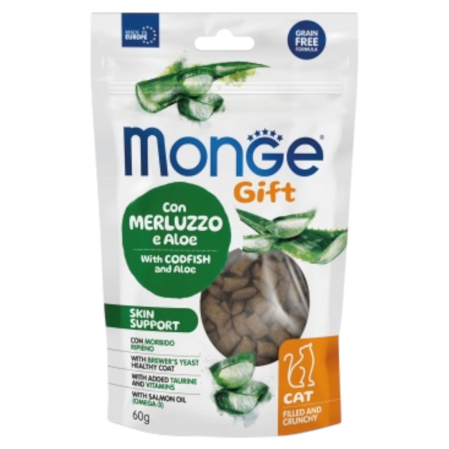 MONGE Gatto Gift Crunchy Skin Support con Merluzzo e Aloe 60gr