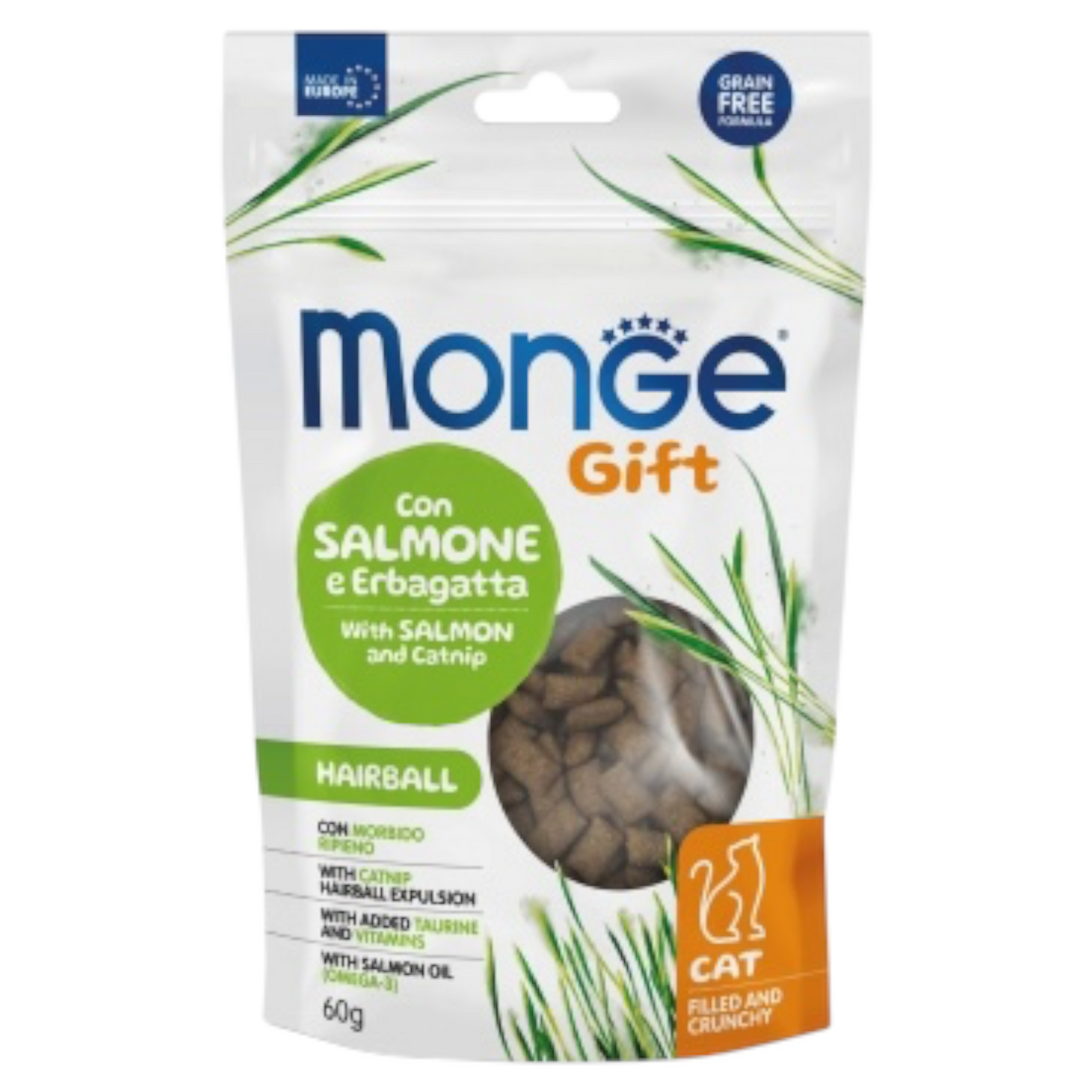 MONGE Gatto Gift Crunchy Hairball con Salmone ed Erba Gatta 60gr