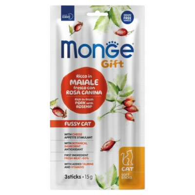MONGE Gatto Gift Stick Fussy Cat con Maiale e Rosa Canina 3x15Gr