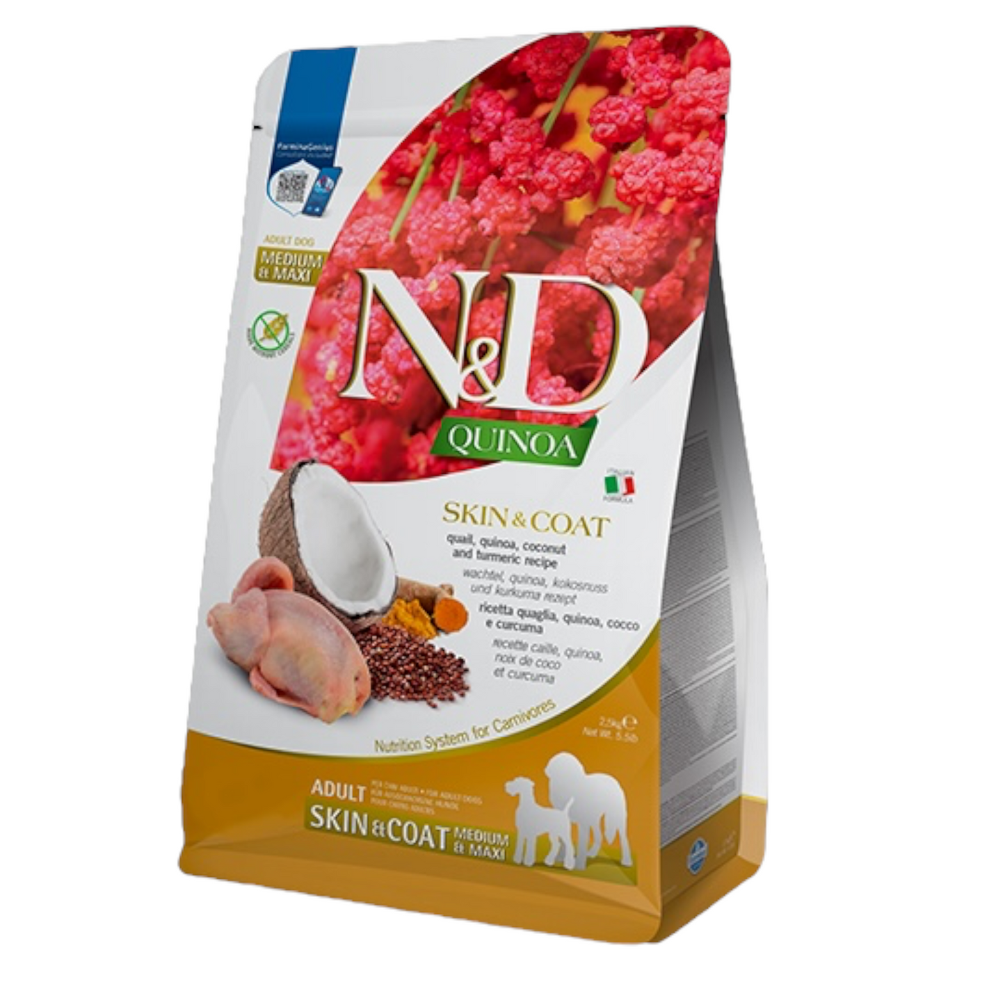 FARMINA N&D Cane Quinoa Skin&Coat GF Medium/Maxi Adult - Quaglia, Quinoa, Cocco e Curcuma 2,5Kg