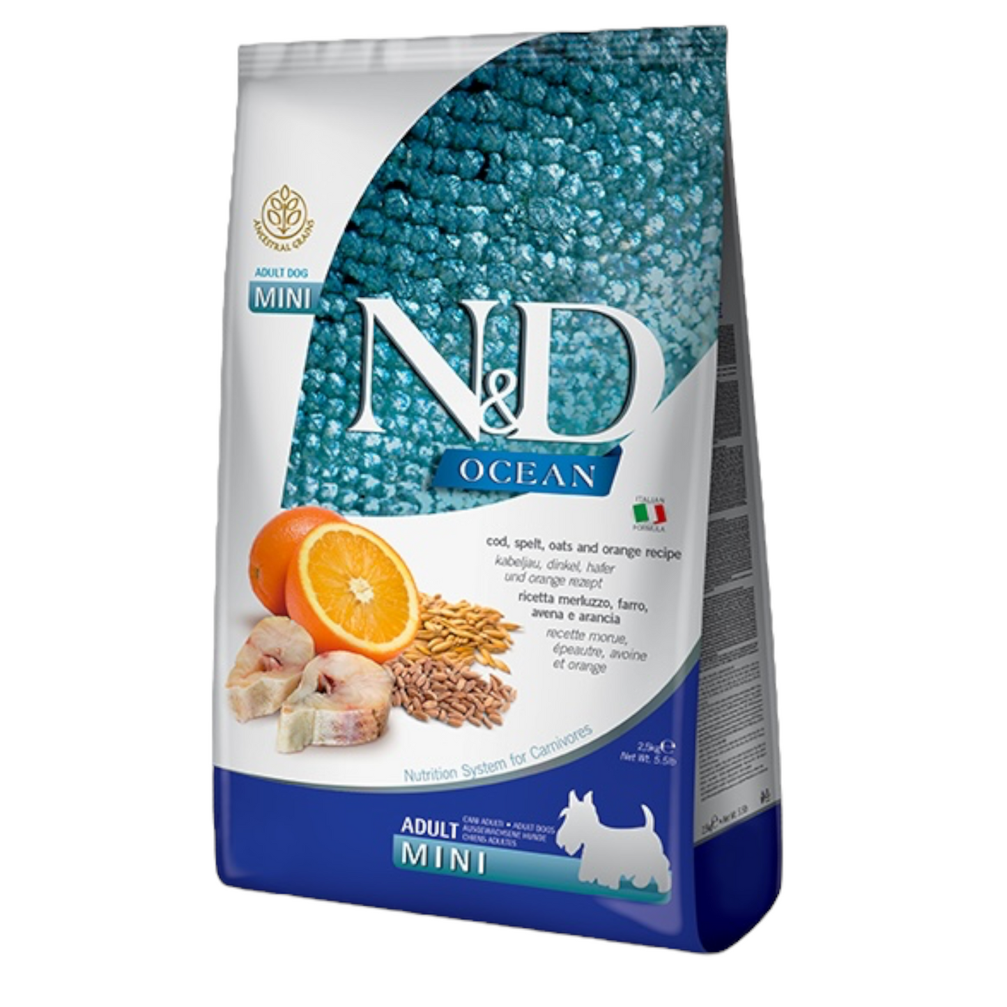 Farmina N&D Cane Ocean Mini Adult - Merluzzo, Farro, Avena e Arancia 7Kg