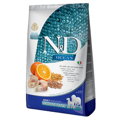 Farmina N&D Cane Ocean Medium/Maxi Adult - Merluzzo, Farro, Avena e Arancia 2,5Kg