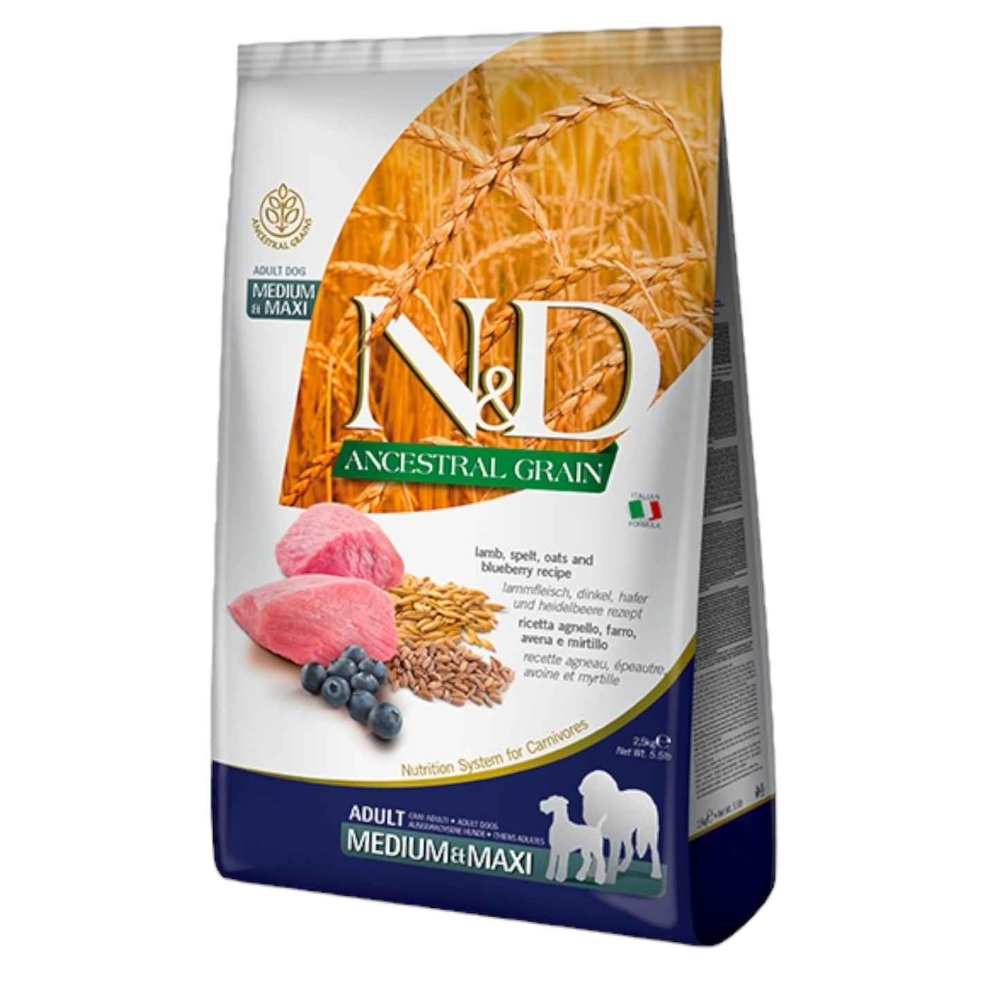 FARMINA N&D Cane Ancestral Medium/Maxi Adult - Agnello, Farro, Avena e Mirtillo 12Kg