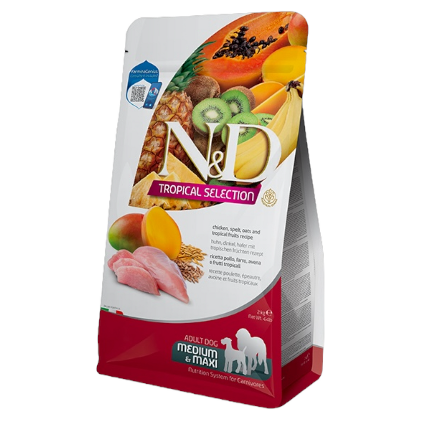 FARMINA N&D Cane Tropical Medium/Maxi Adult - Pollo, Farro, Avena e Frutti Tropicali 10Kg