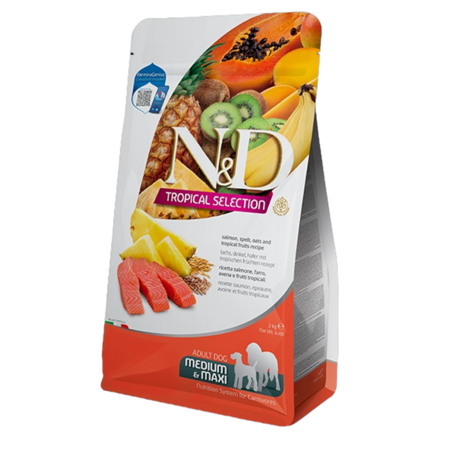 FARMINA N&D Cane Tropical Medium/Maxi Adult - Salmone, Farro, Avena e Frutti Tropicali 10Kg