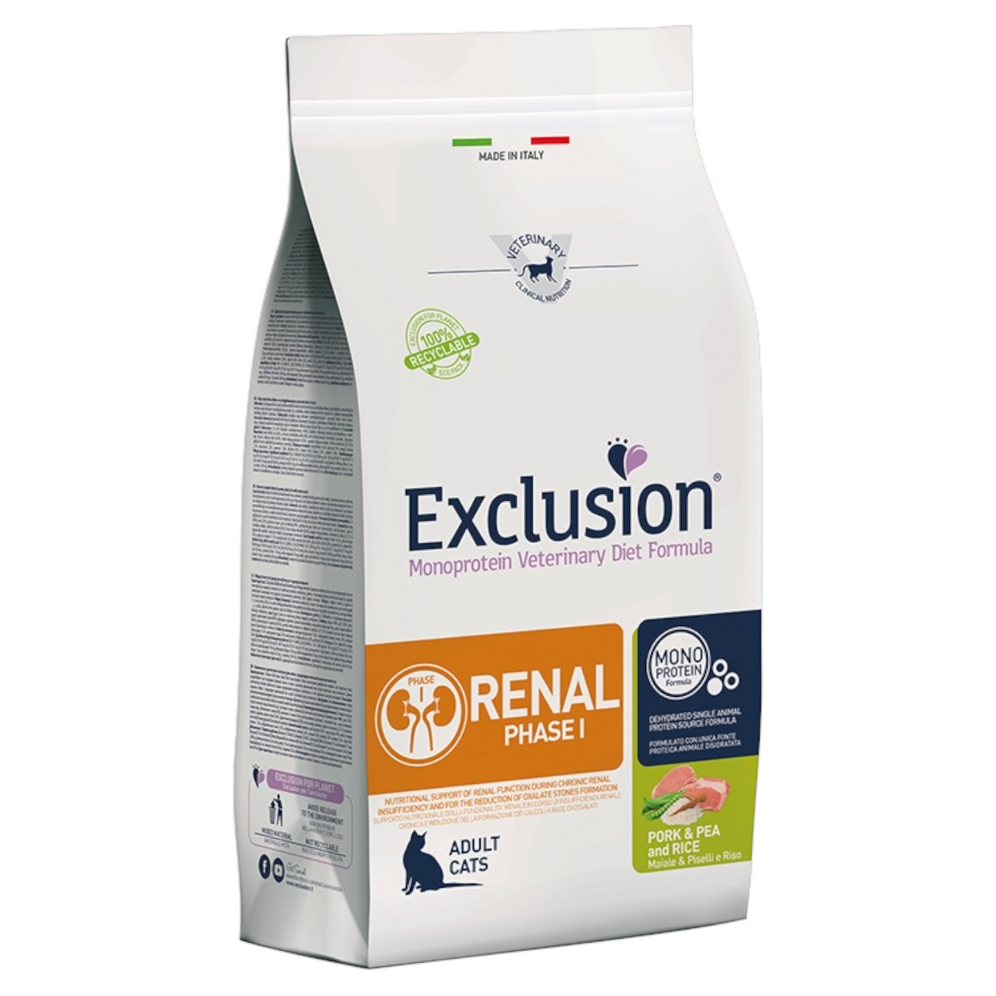 EXCLUSION Gatto Renal Fase 1 Maiale, Riso e Piselli 1,5Kg