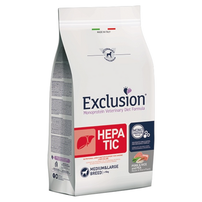 EXCLUSION Cane Hepatic Medium&Large Maiale, Riso e Piselli 12Kg
