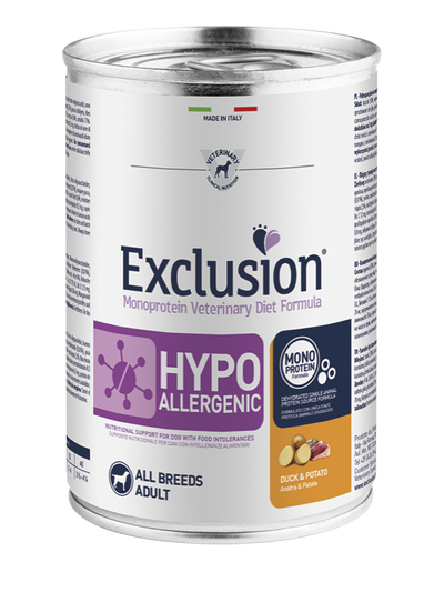 EXCLUSION Cane Hypoallergenic All Breed Anatra e Patate 24pzX400gr