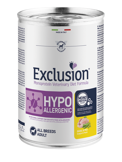 EXCLUSION Cane Hypoallergenic All Breed Quaglia e Patate 24pzX400gr