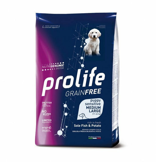 PROLIFE Cane Puppy Medium Large Sensitive Grain free Sogliola Pesce e Patate 2Kg
