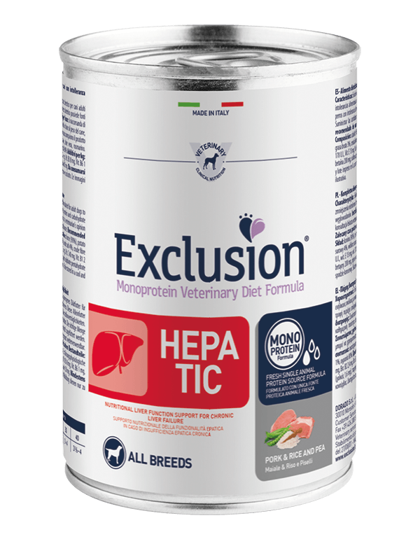 EXCLUSION Cane Hepatic Maiale & Riso con Piselli All Breeds 400gr