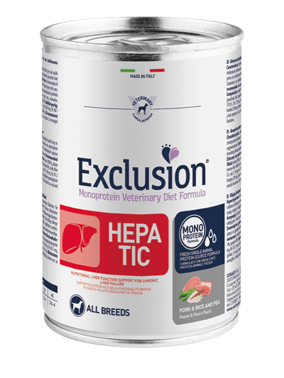 EXCLUSION Cane Hepatic Maiale & Riso con Piselli All Breeds 400gr