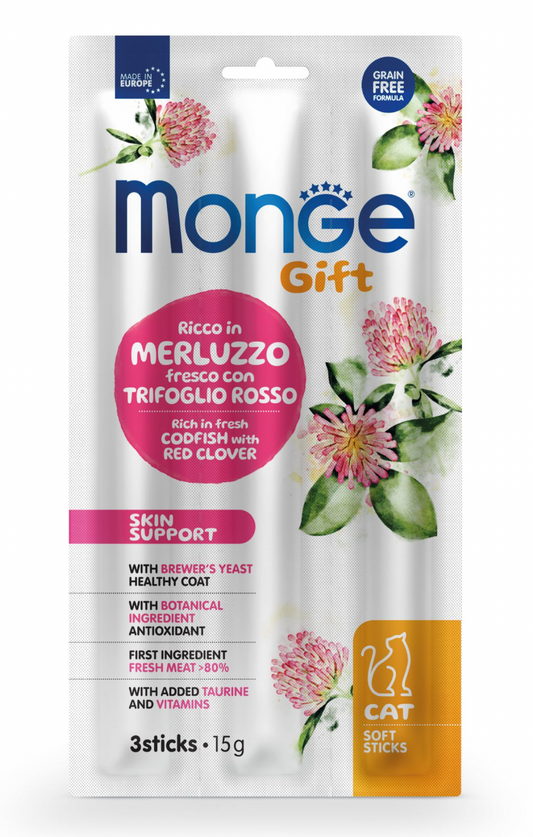 MONGE Cat Gift Stick Skin Support con Merluzzo e Trifoglio Rosso 3x15Gr