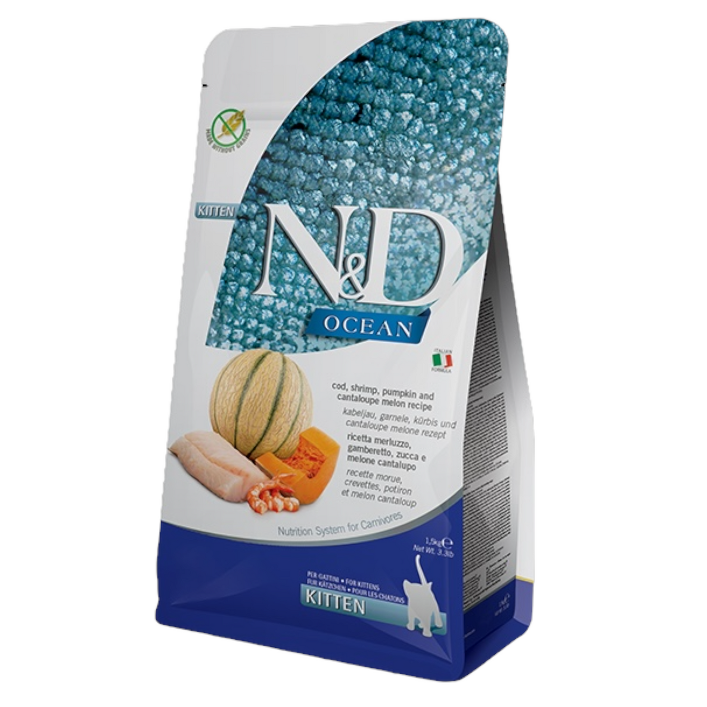 FARMINA N&D Gatto Ocean GF Kitten - Merluzzo, Gamberetto, Zucca e Melone 1,5Kg