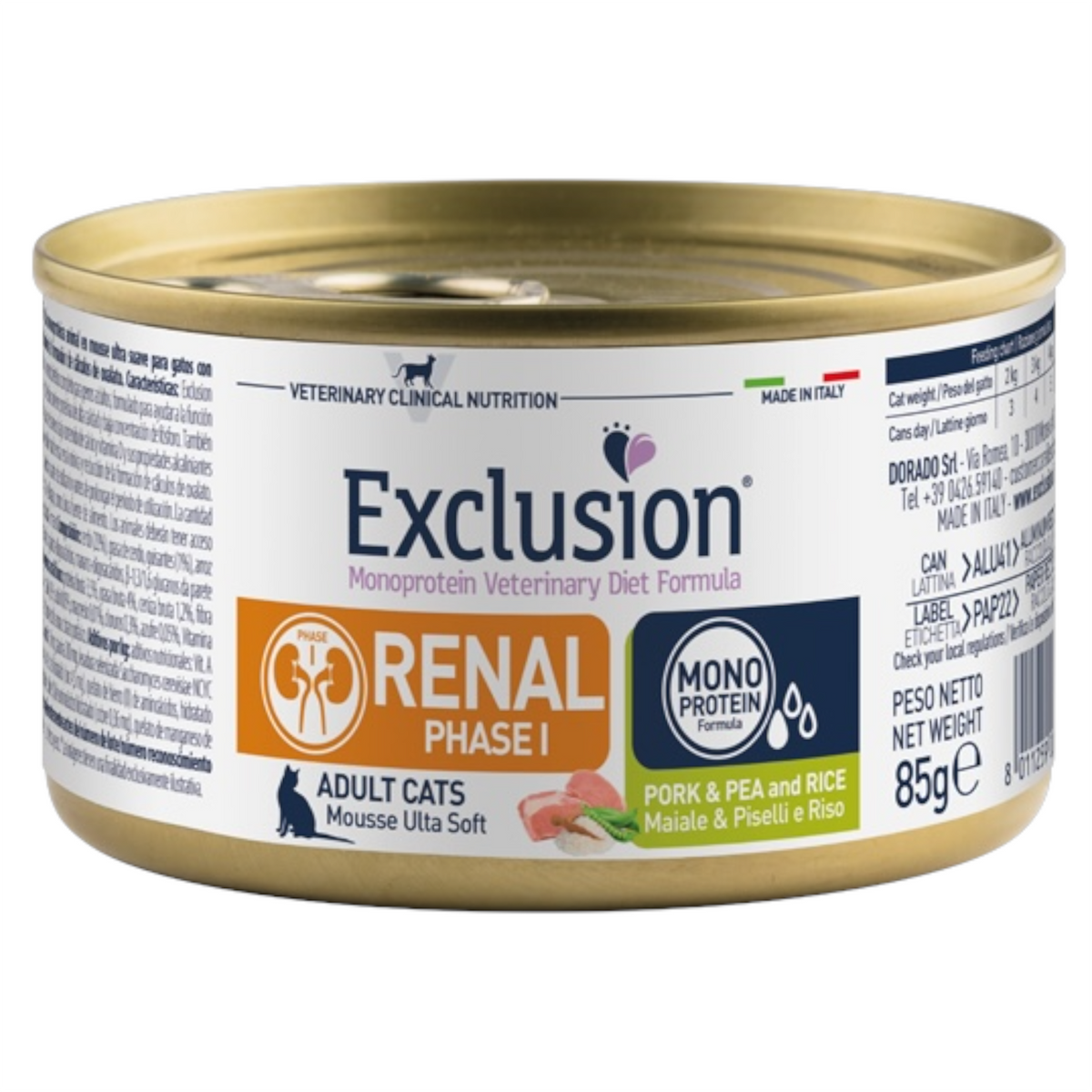 EXCLUSION Gatto Renal Fase 1 Maiale, Riso e Piselli 85gr
