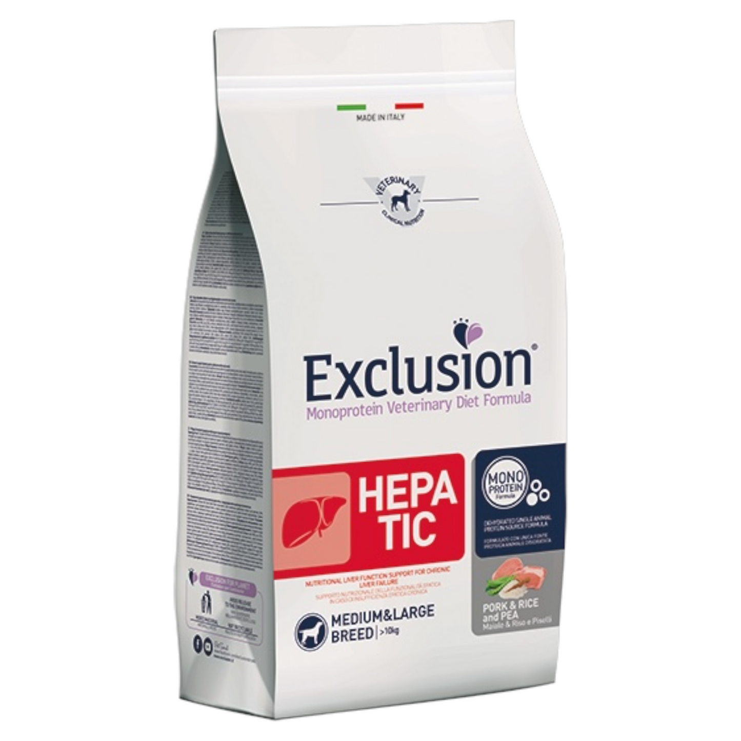 EXCLUSION Cane Hepatic Medium&Large Maiale, Riso e Piselli 12Kg