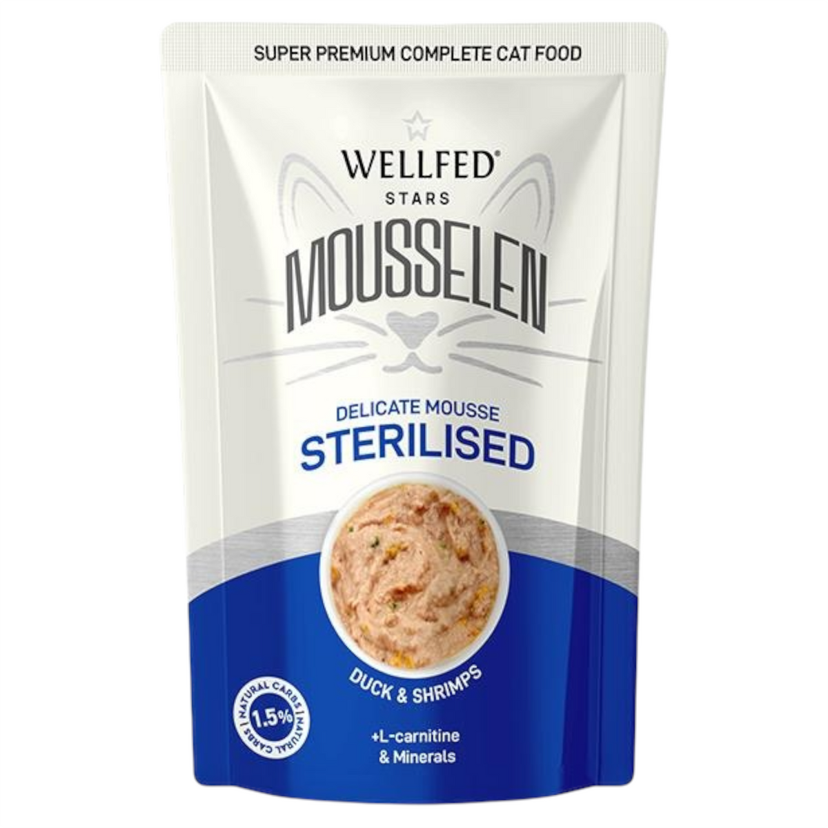 WELLFED Gatto Mousselen Sterilised Anatra e Gamberetti 40gr