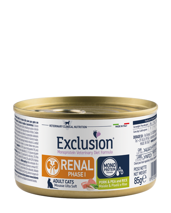 EXCLUSION Gatto Renal Fase 1 Maiale, Riso e Piselli 85gr