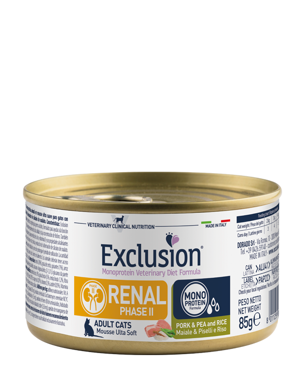 EXCLUSION Gatto Renal Fase 2 Maiale, Riso e Piselli 85gr