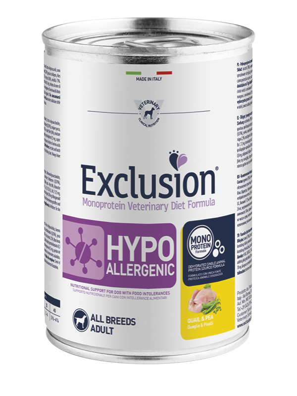 EXCLUSION Cane Hypoallergenic All Breed Quaglia e Patate 24pzX400gr